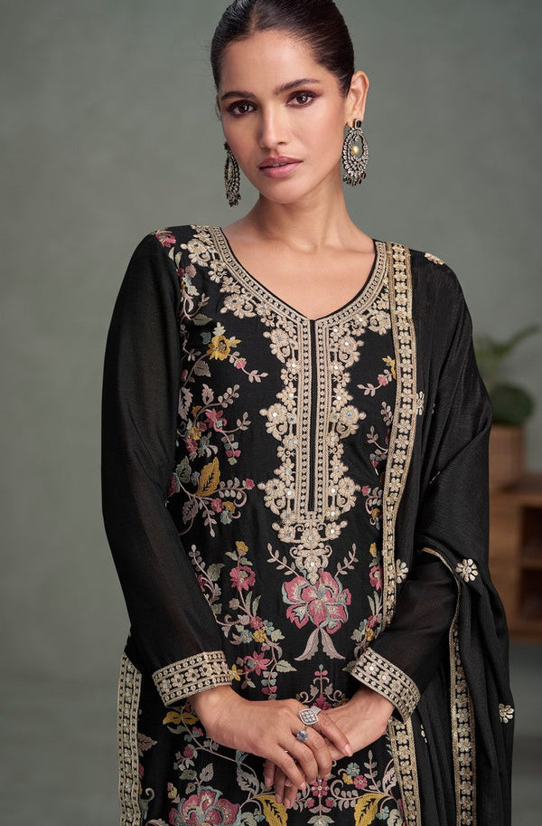 Divine Black Color Chinon Fabric Plazzo Suit