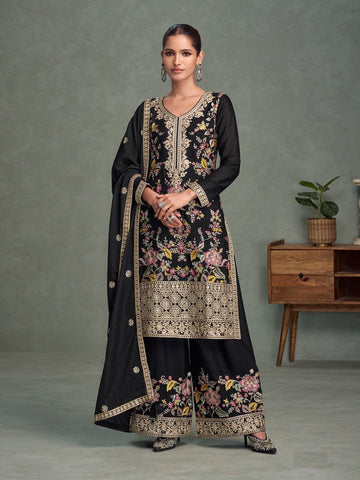Divine Black Color Chinon Fabric Plazzo Suit