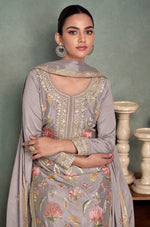 Divine Grey Color Chinon Fabric Plazzo Suit