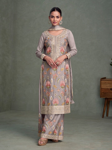 Divine Grey Color Chinon Fabric Plazzo Suit