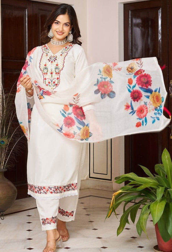 Beauteous White Color Chanderi  Fabric Designer Suit