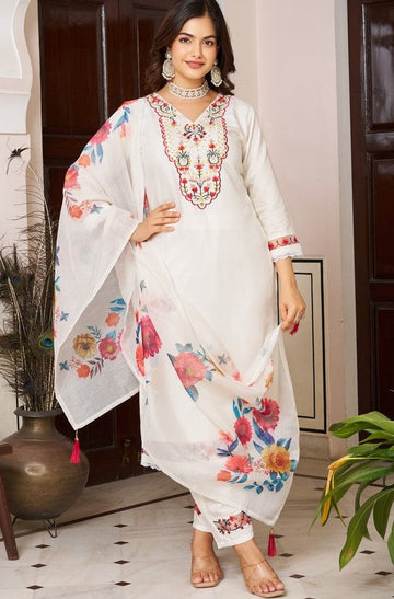 Beauteous White Color Chanderi  Fabric Designer Suit
