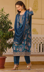 Beauteous Teal Color Chinon Fabric Designer Suit