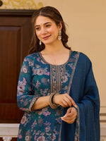 Beauteous Teal Color Chinon Fabric Designer Suit