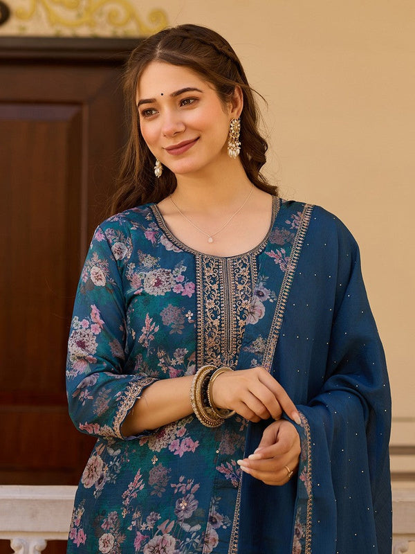 Beauteous Teal Color Chinon Fabric Designer Suit