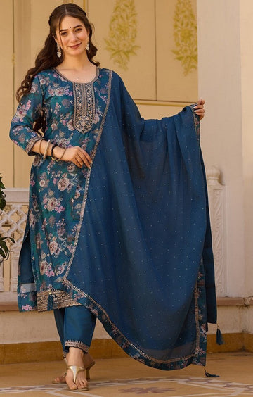 Beauteous Teal Color Chinon Fabric Designer Suit