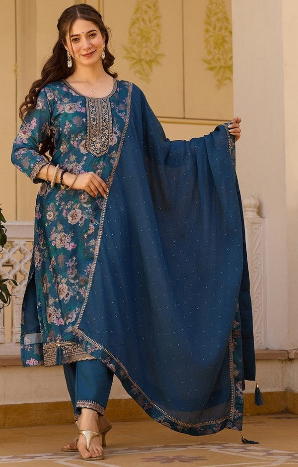 Beauteous Teal Color Chinon Fabric Designer Suit