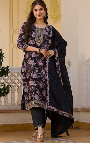 Beauteous Black Color Chinon Fabric Designer Suit