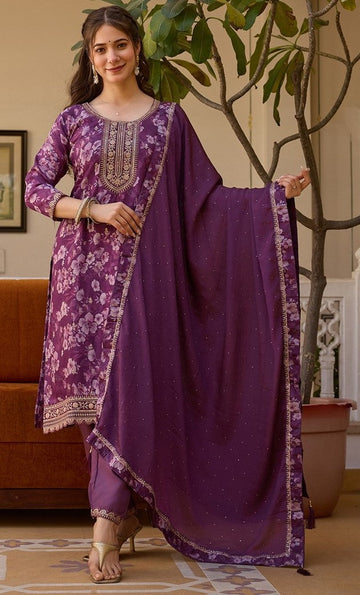 Beauteous Purple Color Chinon Fabric Designer Suit
