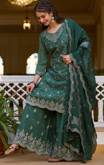 Beauteous Green Color Chinon Fabric Designer Suit