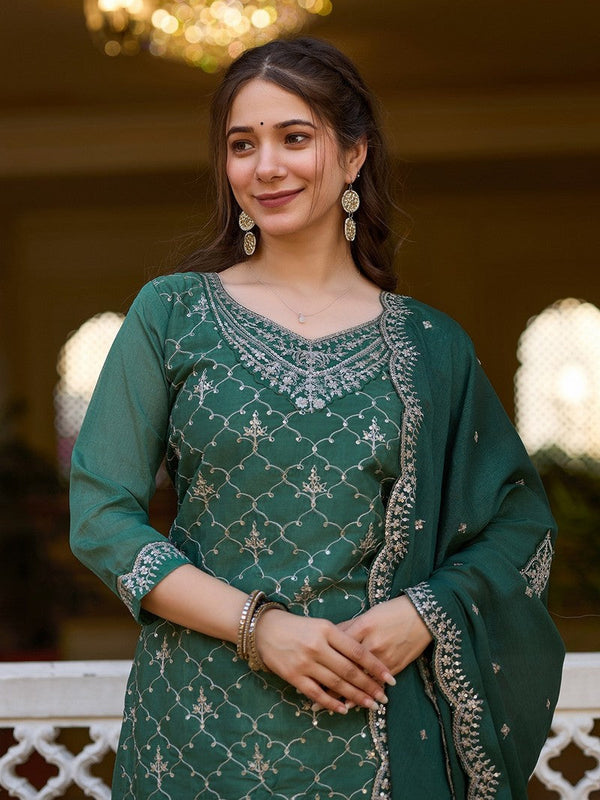 Beauteous Green Color Chinon Fabric Designer Suit