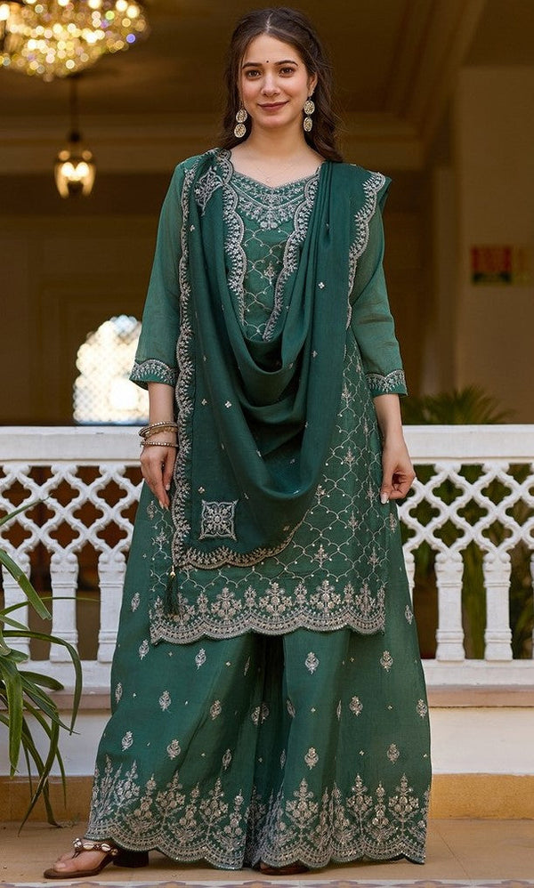 Beauteous Green Color Chinon Fabric Designer Suit