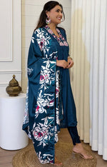 Beauteous Teal Color Chinon Fabric Designer Suit