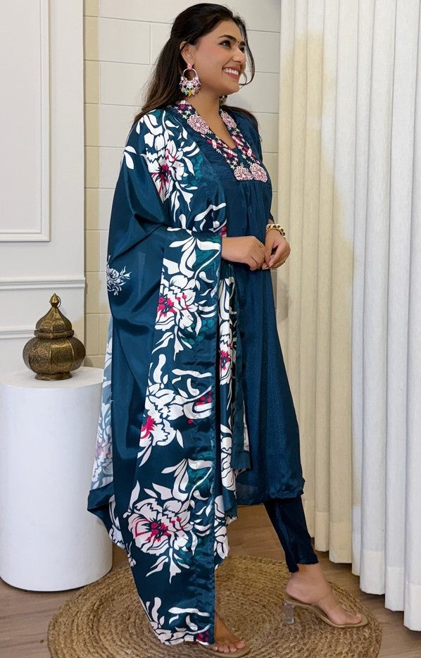 Beauteous Teal Color Chinon Fabric Designer Suit