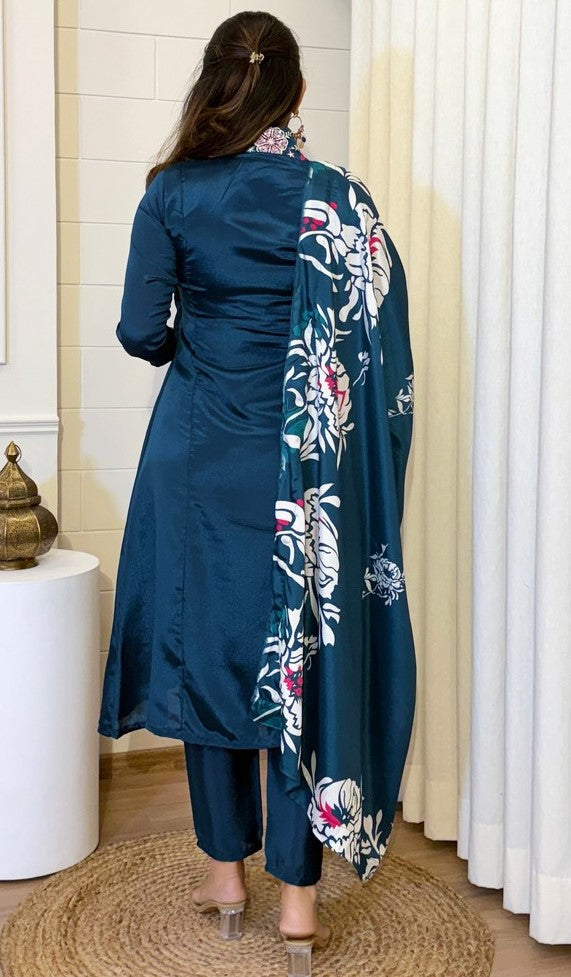 Beauteous Teal Color Chinon Fabric Designer Suit