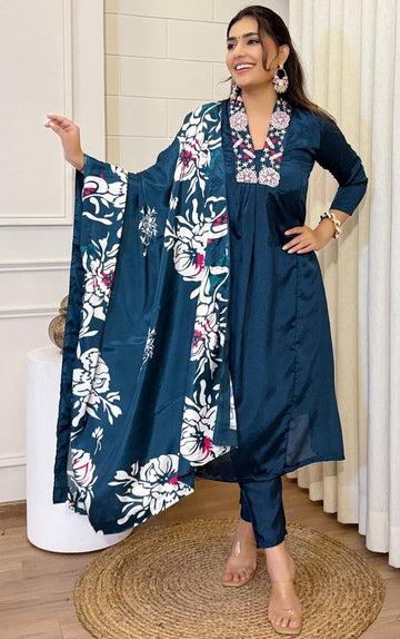Beauteous Teal Color Chinon Fabric Designer Suit