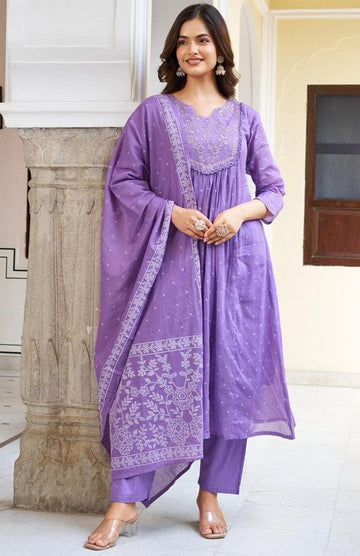 Beauteous Purple Color Cotton Fabric Designer Suit