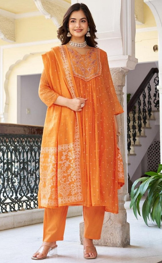 Beauteous Orange Color Cotton Fabric Designer Suit