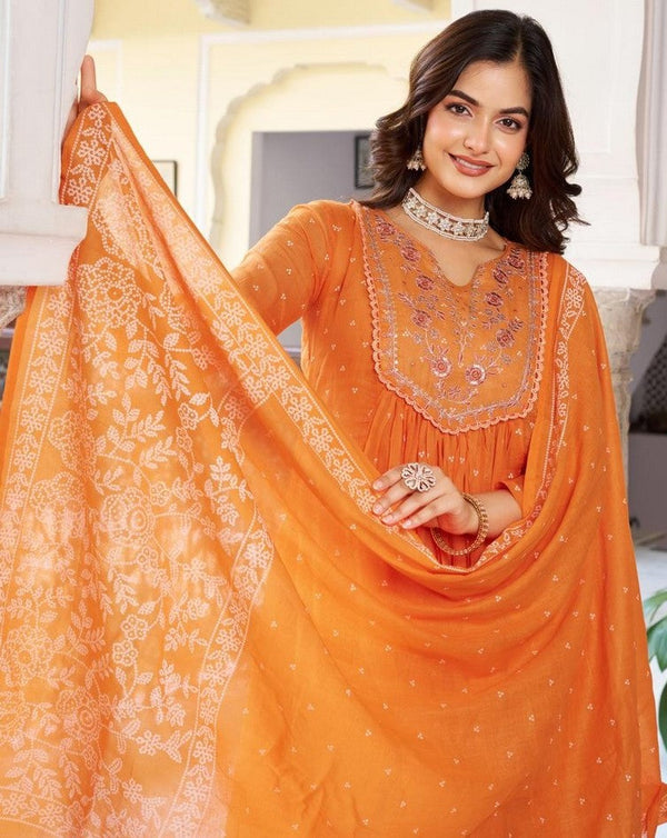 Beauteous Orange Color Cotton Fabric Designer Suit
