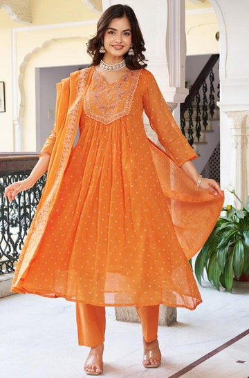 Beauteous Orange Color Cotton Fabric Designer Suit