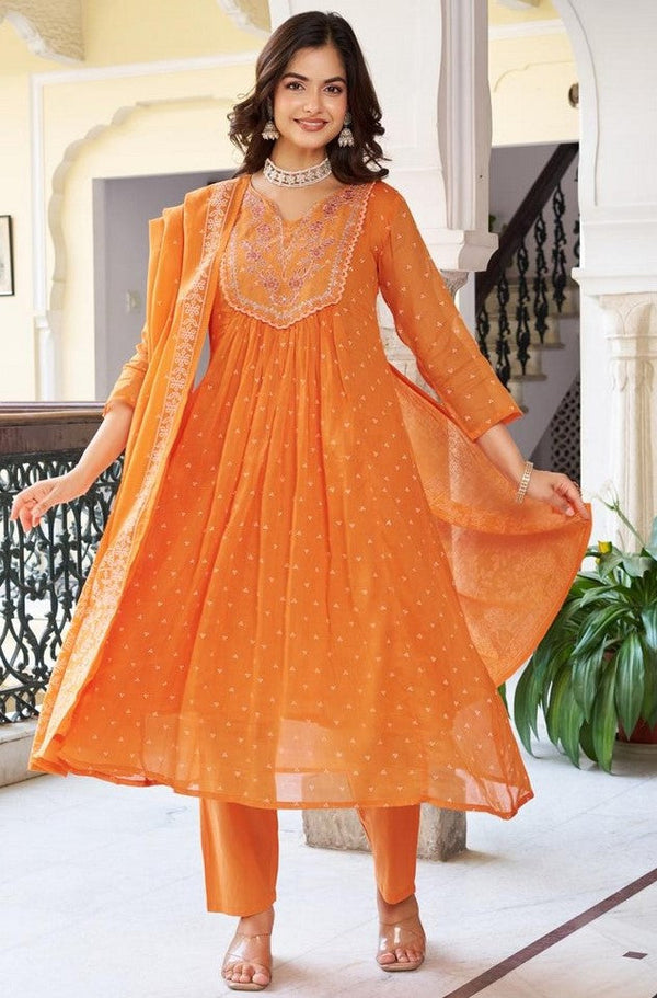 Beauteous Orange Color Cotton Fabric Designer Suit