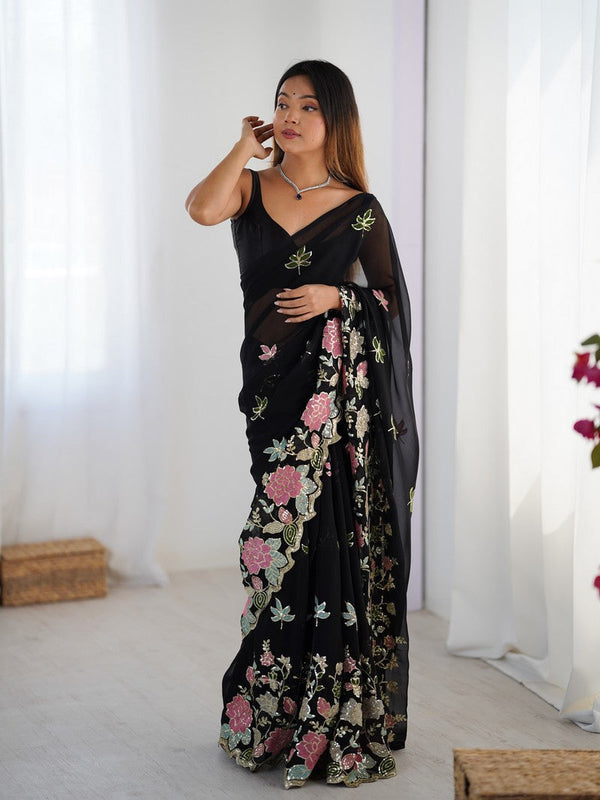 Beautiful Black Color Georgette Fabric Designer Saree