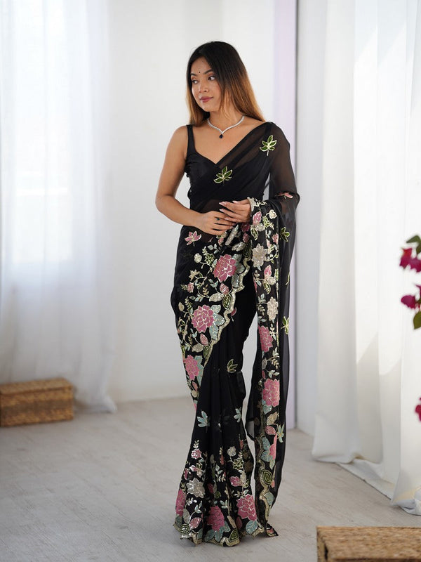 Beautiful Black Color Georgette Fabric Designer Saree