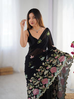 Beautiful Black Color Georgette Fabric Designer Saree