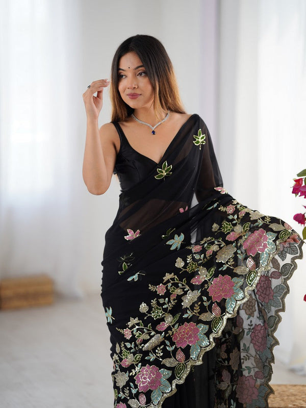 Beautiful Black Color Georgette Fabric Designer Saree
