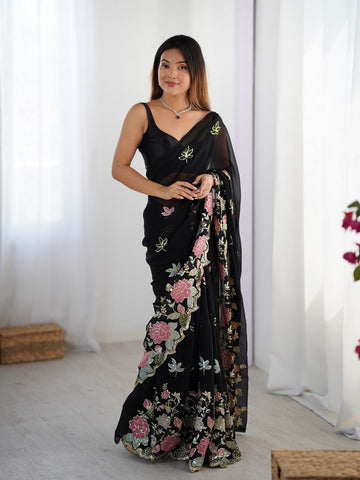 Beautiful Black Color Georgette Fabric Designer Saree