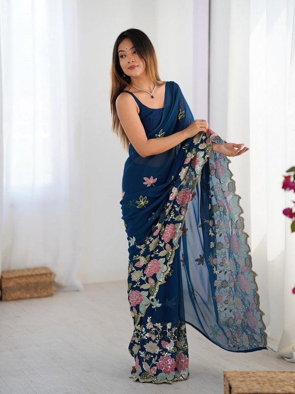 Beautiful Teal  Color Georgette Fabric Designer Saree