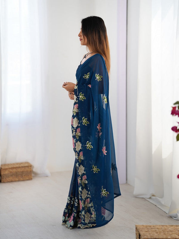 Beautiful Teal  Color Georgette Fabric Designer Saree