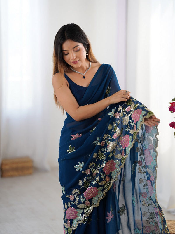 Beautiful Teal  Color Georgette Fabric Designer Saree