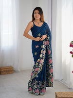 Beautiful Teal  Color Georgette Fabric Designer Saree