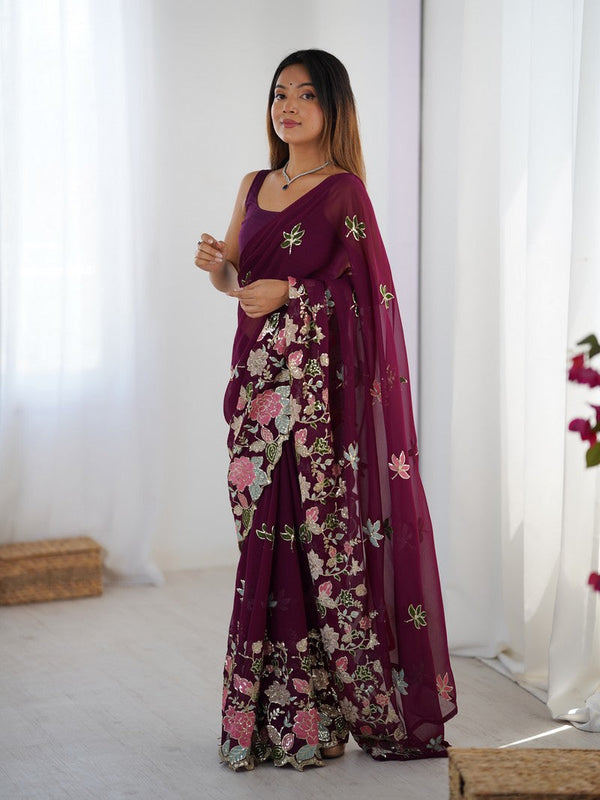 Beautiful Wine Color Georgette Fabric Designer Saree