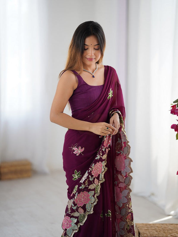 Beautiful Wine Color Georgette Fabric Designer Saree