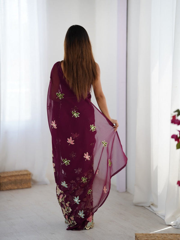 Beautiful Wine Color Georgette Fabric Designer Saree