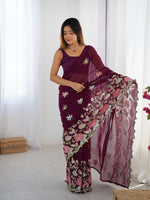 Beautiful Wine Color Georgette Fabric Designer Saree
