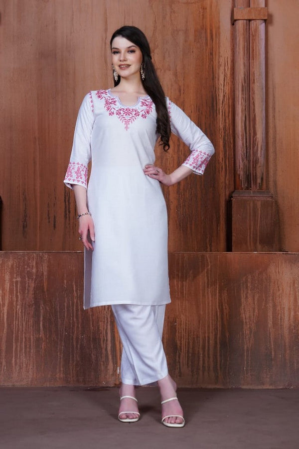 Lovely White Color Rayon Fabric Designer Kurti With Bottom
