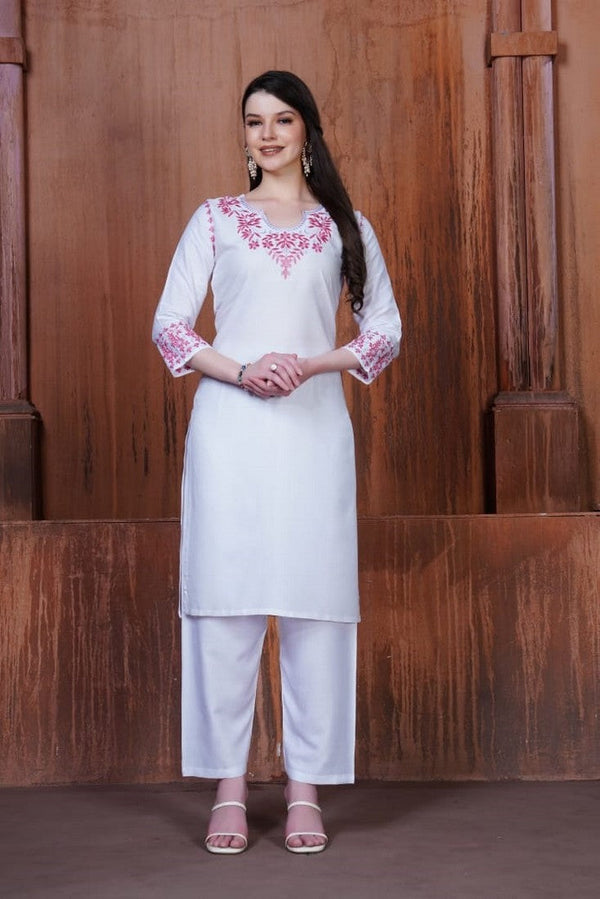 Lovely White Color Rayon Fabric Designer Kurti With Bottom