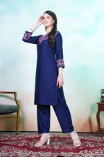 Lovely Navy Blue Color Rayon Fabric Designer Kurti With Bottom