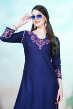Lovely Navy Blue Color Rayon Fabric Designer Kurti With Bottom