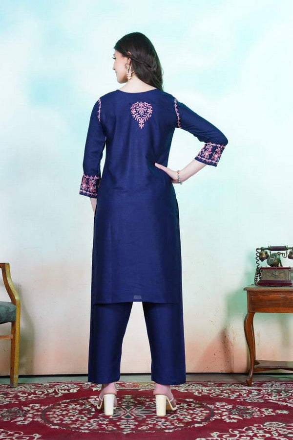 Lovely Navy Blue Color Rayon Fabric Designer Kurti With Bottom