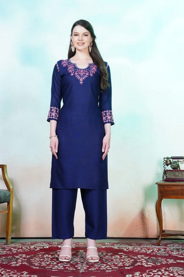 Lovely Navy Blue Color Rayon Fabric Designer Kurti With Bottom