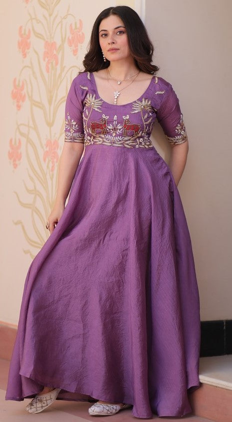 Striking Purple Color Crush Fabric Gown