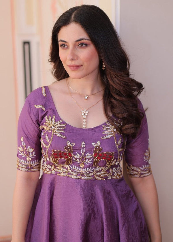 Striking Purple Color Crush Fabric Gown