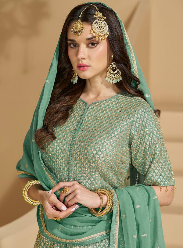 Tasteful Green Color Georgette Fabric Partywear Suit