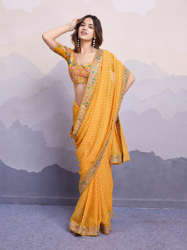Beautiful Yellow Color Georgette Fabric Designer Saree