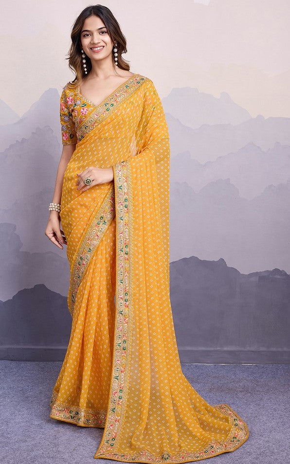 Beautiful Yellow Color Georgette Fabric Designer Saree