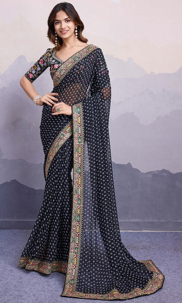 Beautiful Black Color Georgette Fabric Designer Saree